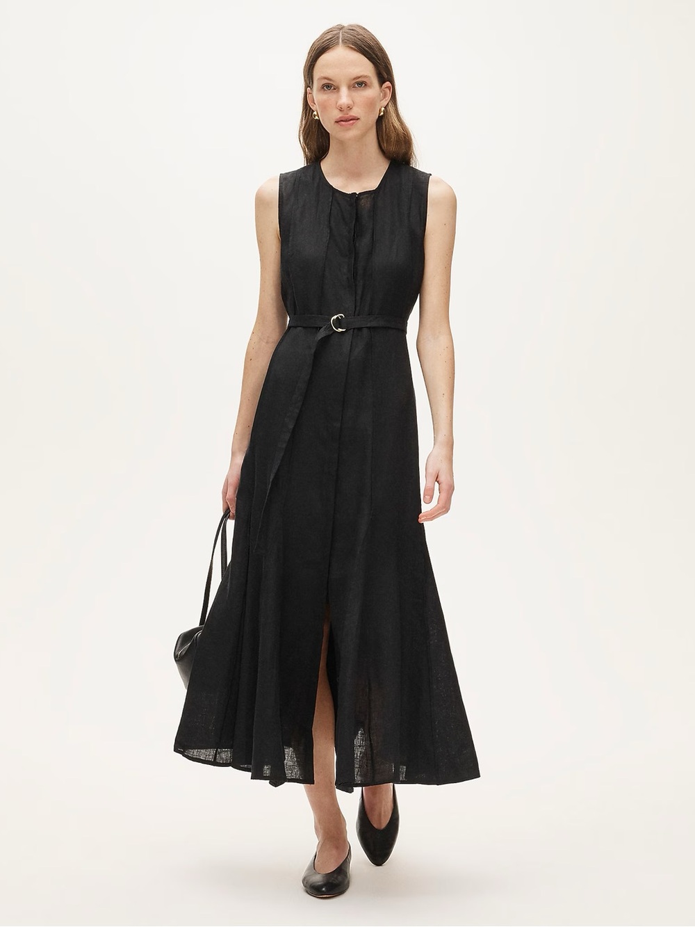 Seamed linen dress with removable belt